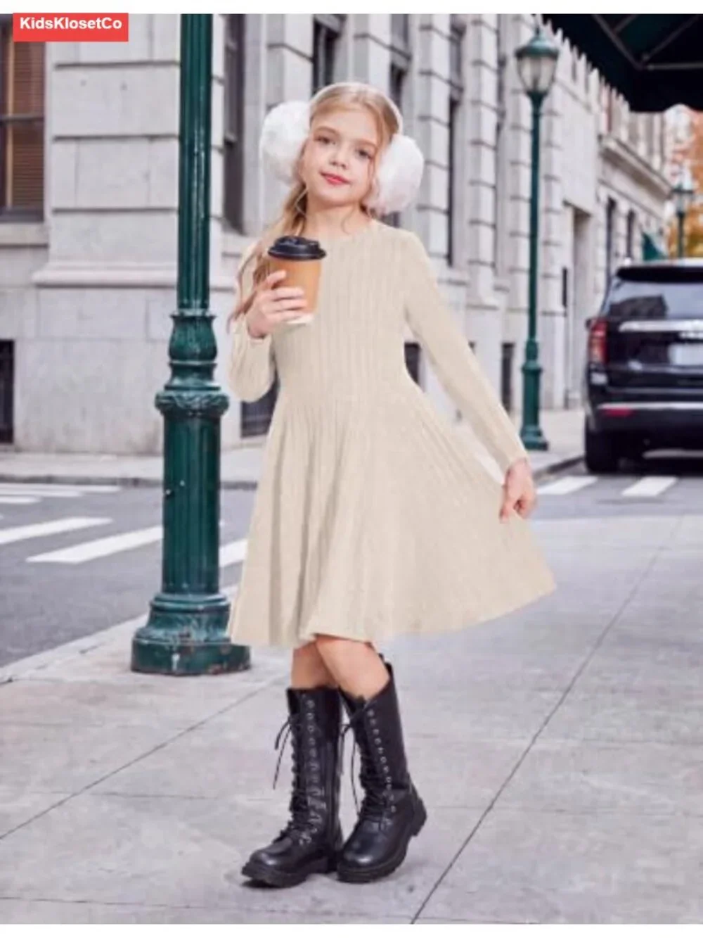 Girls Ribbed Knit Sweater Dress Long Sleeve A-Line Casual Fall Winter 6-14Y